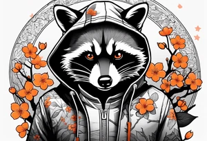raccoon wearing a black and white Superman hoodie and orange Japanese cherry blossoms tattoo idea