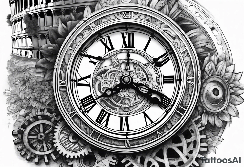 Roman clock with gears over colosseum tattoo idea