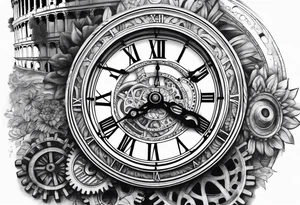 Roman clock with gears over colosseum tattoo idea