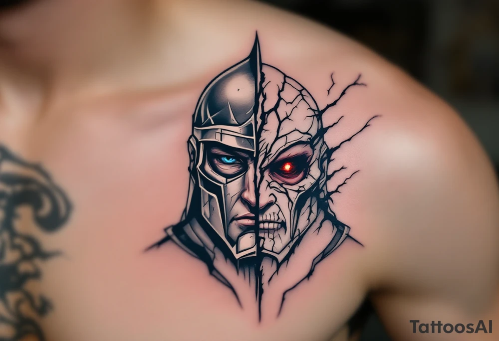 A warrior with a split face—one half is a noble knight, adorned with silver armor, a blue eye shining with determination, and the other half is a cursed warrior, clad in dark, cracked armor, with a crimson eye glowing with rage. The division between them is jagged but seamless, showing that both forces exist within one soul. tattoo idea