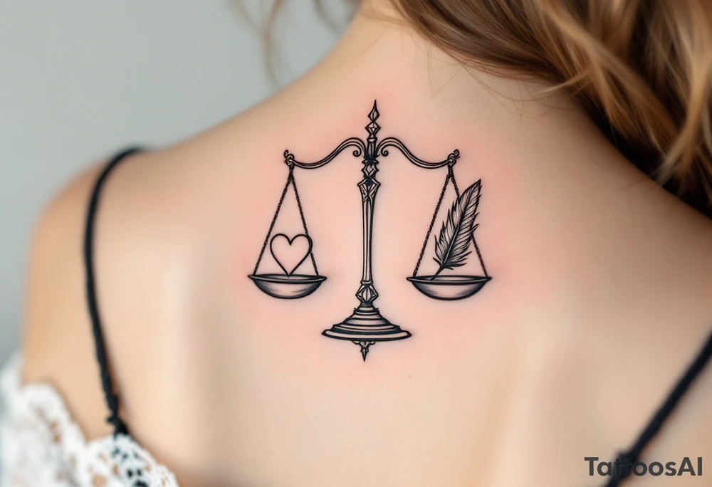 A pair of delicate scales balancing a heart on one side and a feather on the other, in elegant black and silver shading, symbolizing karmic justice. tattoo idea