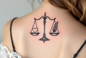 A pair of delicate scales balancing a heart on one side and a feather on the other, in elegant black and silver shading, symbolizing karmic justice. tattoo idea