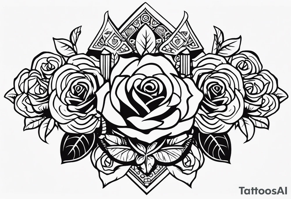 Design a masculine tattoo depicting three delicate rose buds being embraced and protected by 
Aztec weapons. The weapons should include elements such as the macuahuitl (Aztec sword-club), obsidian blades, and Mayan calendar, arranged in a way that forms a protective circle or embrace around the roses. Carve the entire image as if it were a stone sculpture by an ancient Aztec artist, with the texture resembling intricately detailed stone carvings. The roses should be slightly softer but still stylized in stone, giving the entire tattoo a powerful, yet artistic and ancient feel. Use bold, sharp lines to capture the essence of Aztec craftsmanship tattoo idea