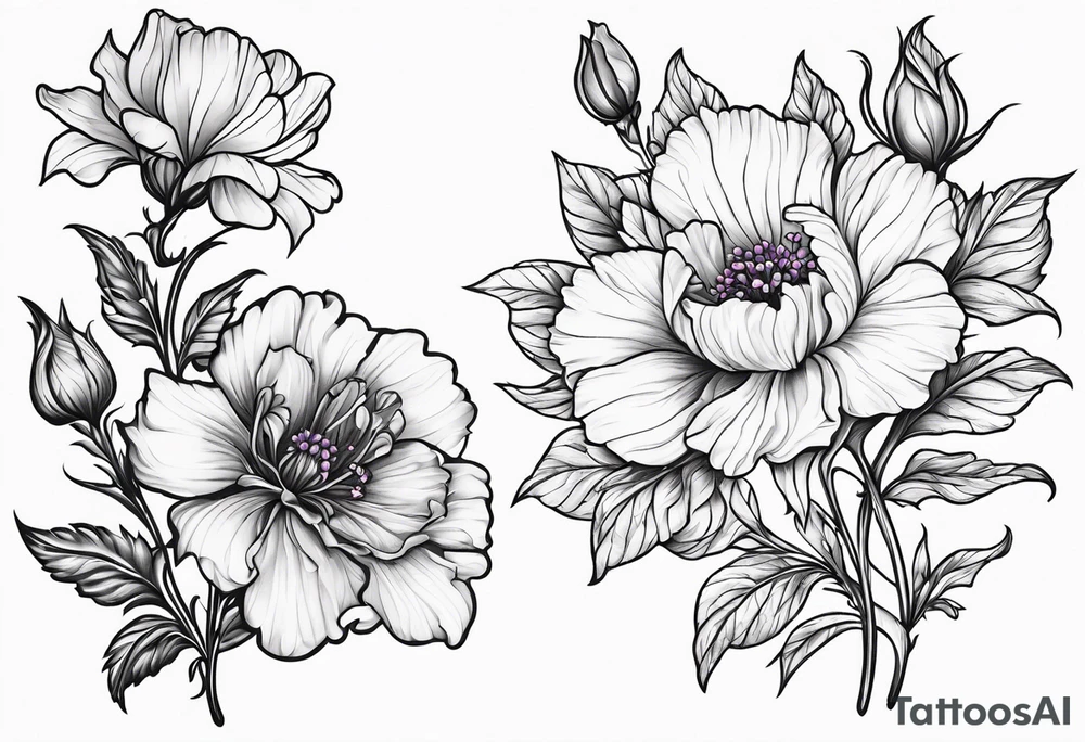 Simple Tattoo of larkspur, stemmed carnation, stemmed violet, stemmed daisy tattoo idea