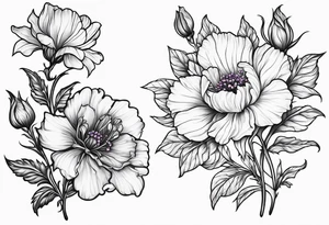 Simple Tattoo of larkspur, stemmed carnation, stemmed violet, stemmed daisy tattoo idea