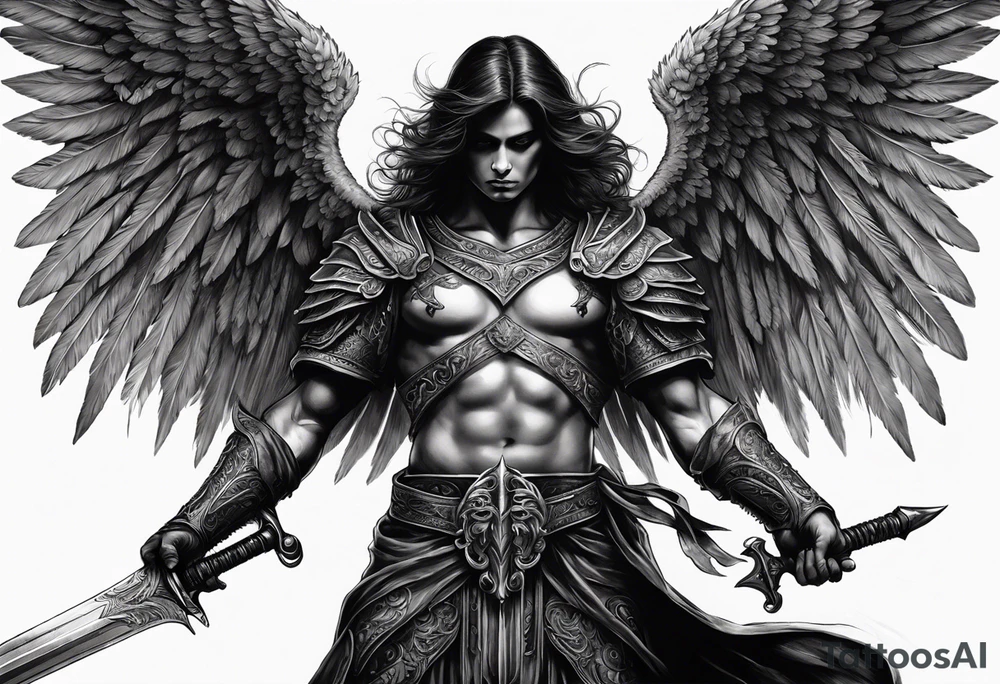 realistic black angel of death, without face, with wings holding one sword in both hands, the sword is held edge toward the ground tattoo idea