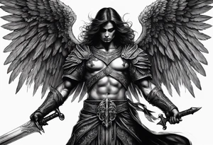 realistic black angel of death, without face, with wings holding one sword in both hands, the sword is held edge toward the ground tattoo idea
