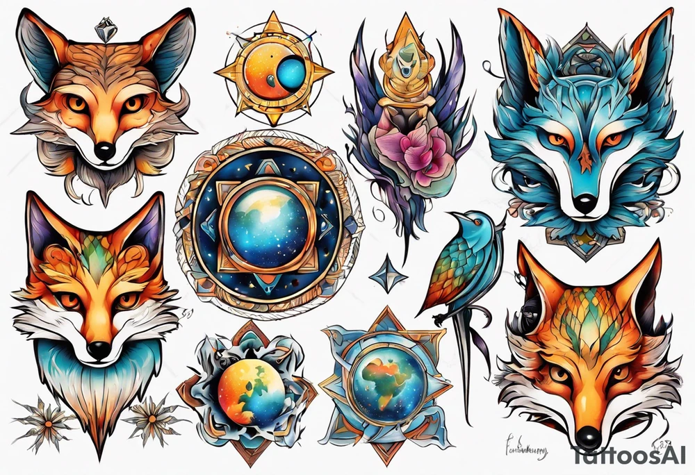fisch, fuchs und eule , symetrie universum, bunt tattoo idea