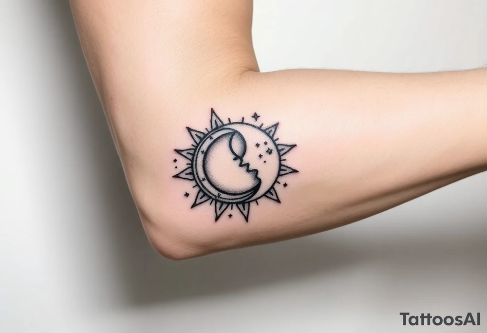 celestial sun and moon embrace with constellation patterns tattoo idea