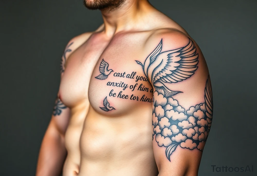 cast all your anxiety on him because he cares for you" with angels and clouds tattoo idea