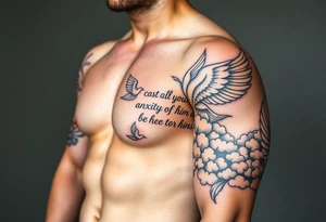 cast all your anxiety on him because he cares for you" with angels and clouds tattoo idea