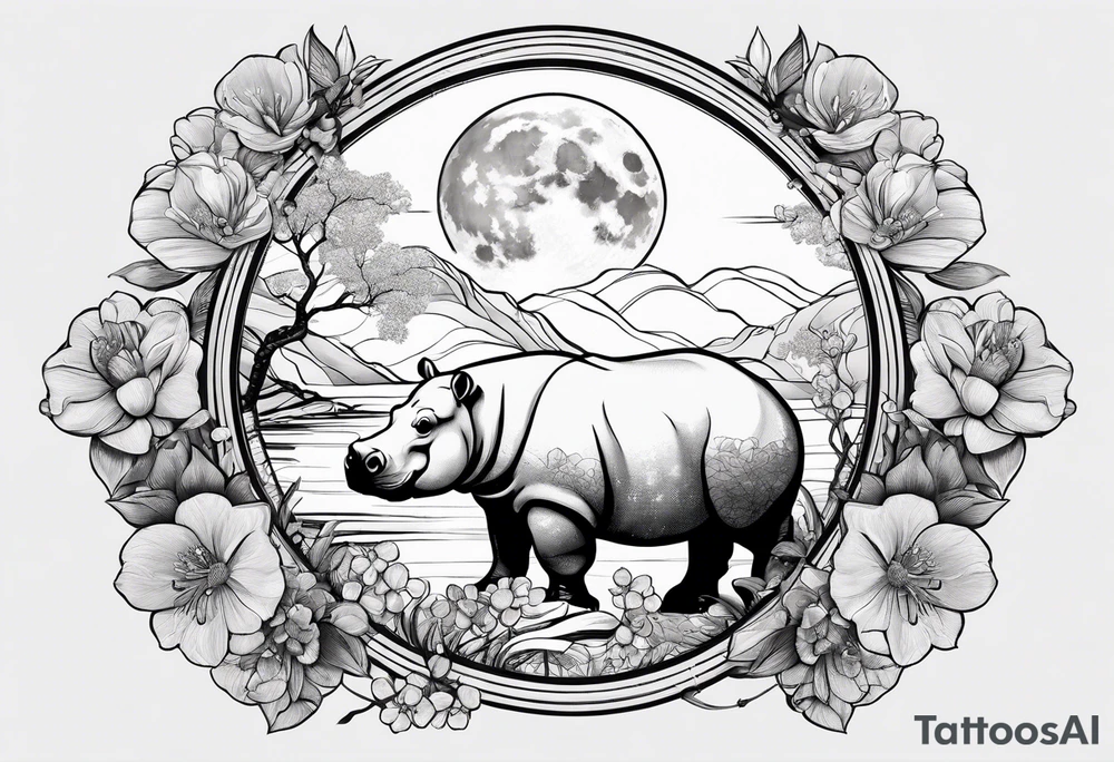 Very asymmetrical, +geometric pattern, with realistic full moon, with seeious looking hippo,,
with wintersweet flower bud, +portrait orientation, +inkart touch, tattoo idea