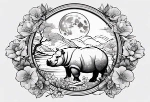 Very asymmetrical, +geometric pattern, with realistic full moon, with seeious looking hippo,,
with wintersweet flower bud, +portrait orientation, +inkart touch, tattoo idea