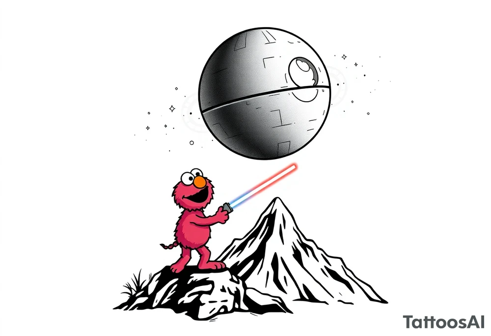 Elmo holding a lightsaber standing on a mountain looking up at the deathstar in space tattoo idea