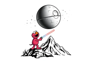 Elmo holding a lightsaber standing on a mountain looking up at the deathstar in space tattoo idea