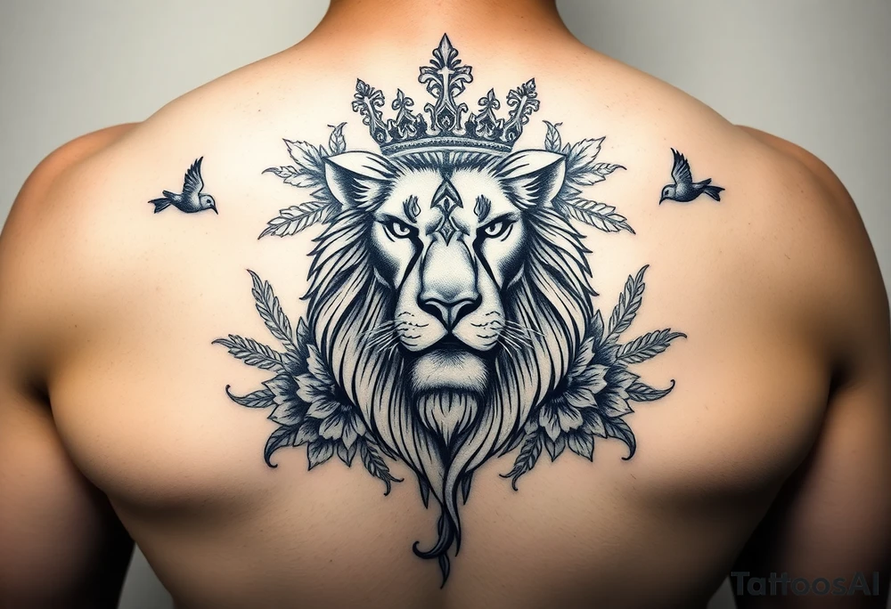 powerful majestic lion with a crown, surrounded by floral ornaments and birds tattoo idea