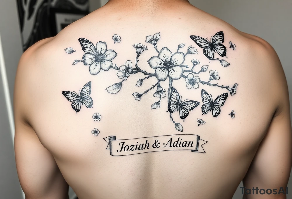 delicate cherry blossoms swirling in spring breeze with petals with medium and small butterfly's and a ribbon with the name Joziah & Adian tattoo idea