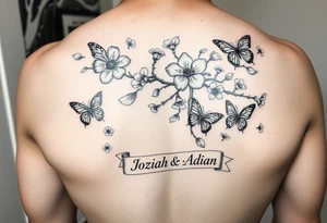 delicate cherry blossoms swirling in spring breeze with petals with medium and small butterfly's and a ribbon with the name Joziah & Adian tattoo idea