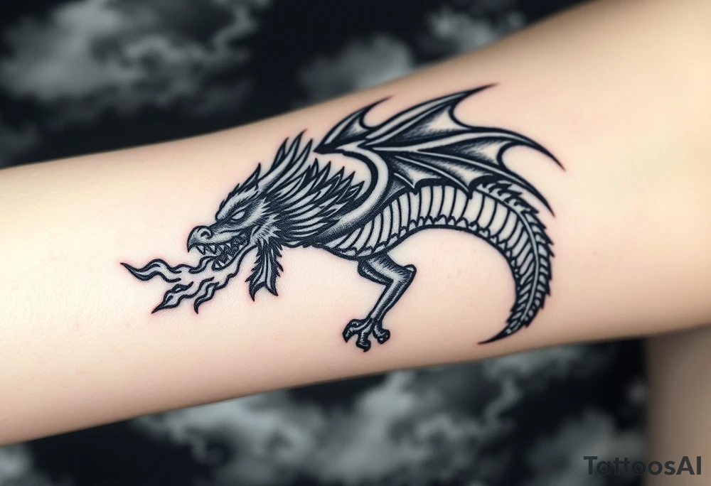 fierce dragon breathing iridescent fire against stormy skies tattoo idea