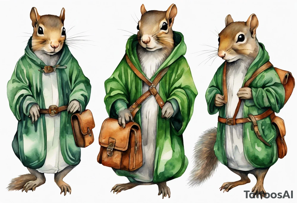 medieval grey squirrel in green robe with a large satchel tattoo idea
