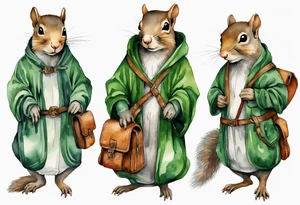 medieval grey squirrel in green robe with a large satchel tattoo idea