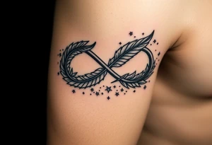 infinity symbol woven with floating feathers and stardust tattoo idea