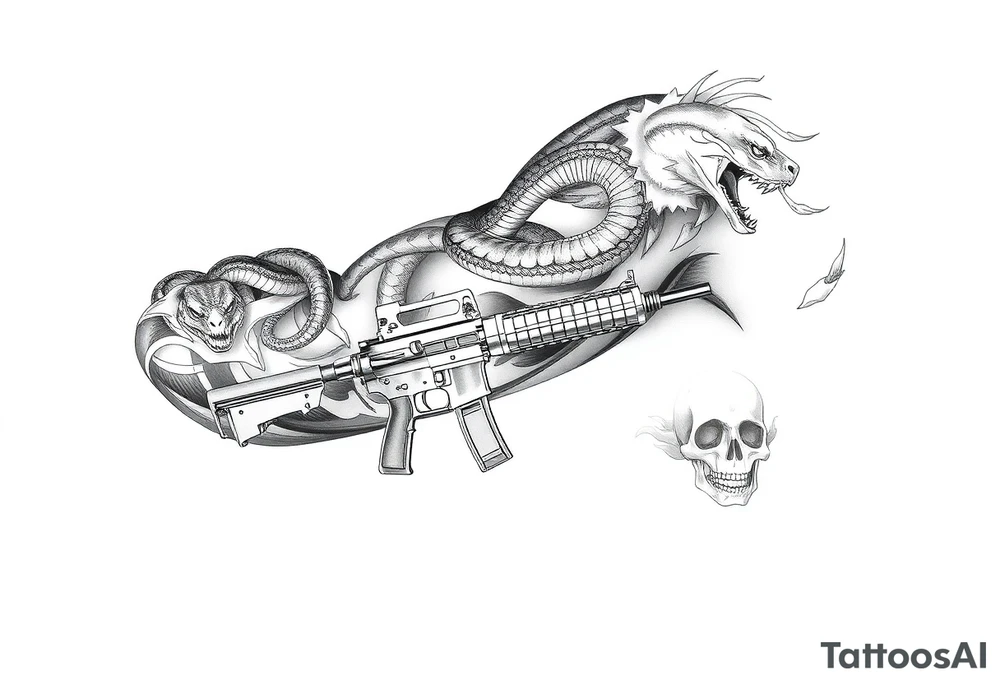 I want a full sleeve from shoulder to wrist. I want to incorporate firefighting and Marine corps. I like snakes, rifles, guns, flames and skulls tattoo idea