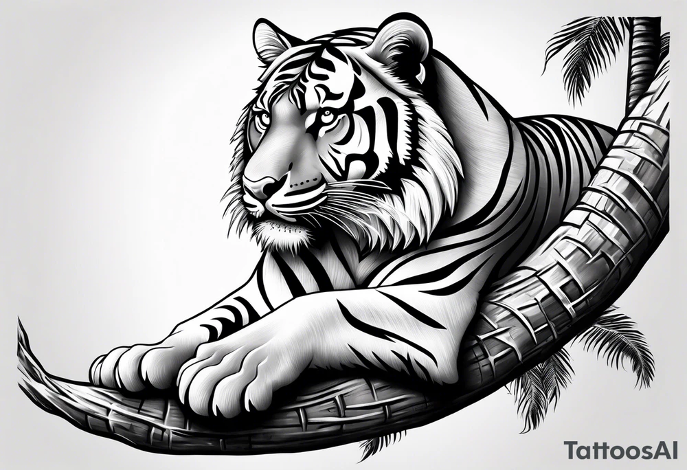 tiger laying on palm tree tattoo idea