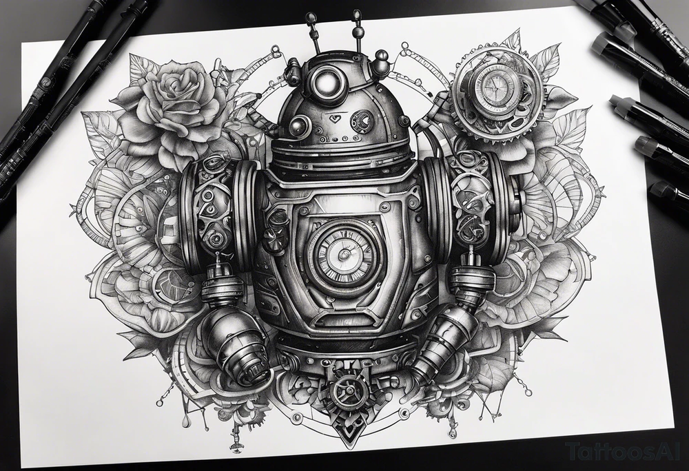 steampunk robot with a real heart tattoo idea