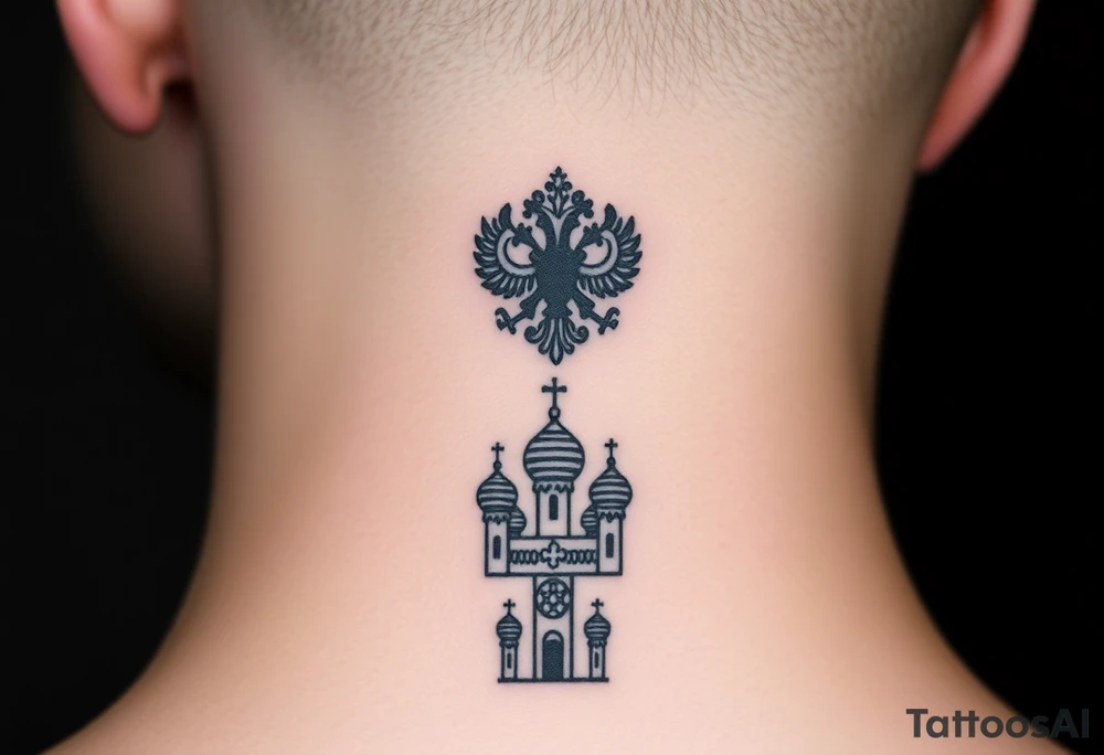 Stacked Vertical Column 

Russian star — small, bold
Middle: Miniature double-headed eagle — simplified, cleaner lines to suit the smaller space
Bottom: Orthodox church dome(s) with a small Virgin Mary silhouette beneath tattoo idea