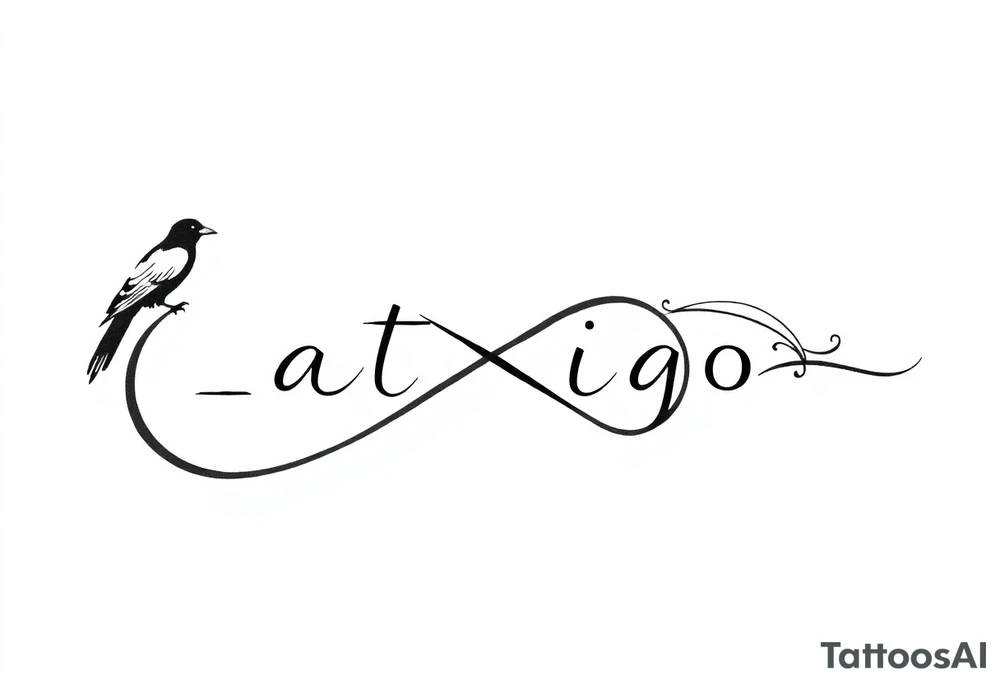 1. **Typography with Infinity**: "Latigo" could be in the modern font you like, and the infinity symbol can seamlessly flow from the end of the "o," creating a continuous line that connects the text. 

2. **Crow Perched on the Infinity Symbol**: You could have the crow perched on one side of the infinity symbol, perhaps with its wings slightly spread, which would give the design a dynamic feel.

3. **Flowing Elements**: To enhance the design, you could add some flowing lines or subtle curves around the infinity symbol to give it a sense of movement, almost like it's part of a larger story.

4. **Minimalist Crow Detail**: The crow can be stylized in a way that keeps it elegant but recognizable, focusing on the outline with just enough detail to convey its features without overwhelming the design. tattoo idea