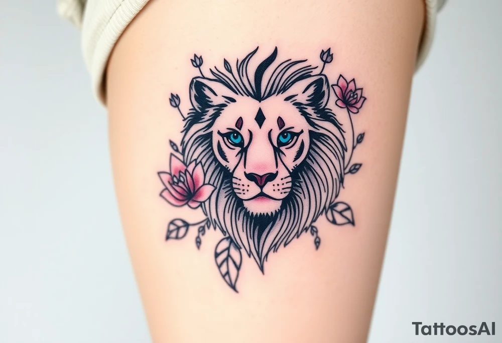 Lion with blue eyes surrounded by larkspur and water lily tattoo idea