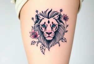 Lion with blue eyes surrounded by larkspur and water lily tattoo idea