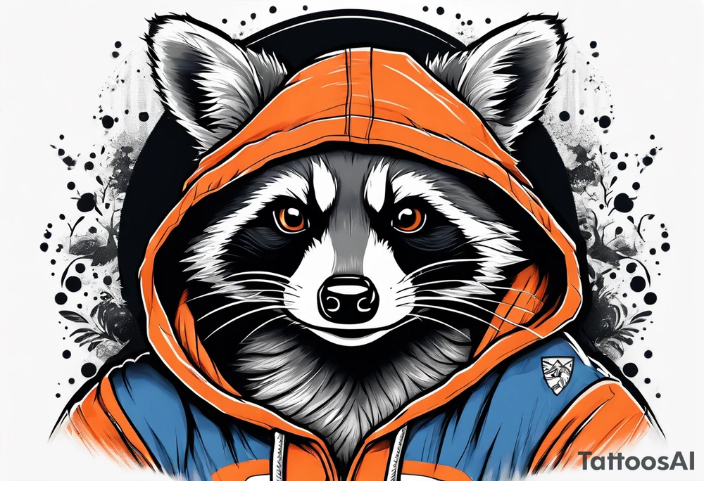 Raccoon wearing an orange Superman hoodie tattoo idea
