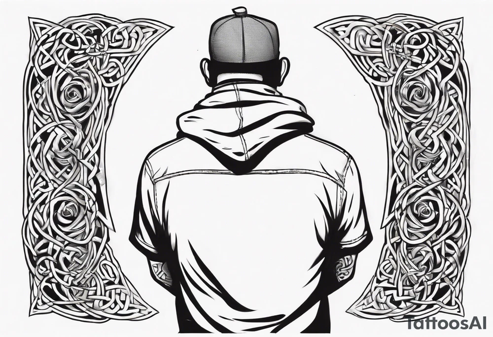 a father with his son on his shoulders from behind. A subtle design on their backs of celtic music. tattoo idea