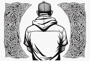 a father with his son on his shoulders from behind. A subtle design on their backs of celtic music. tattoo idea