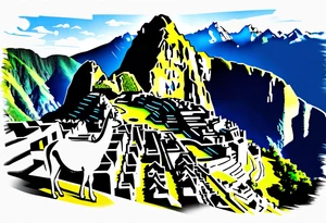 Machu picchu, llama and mountains. Simple tattoo sketch without small details tattoo idea