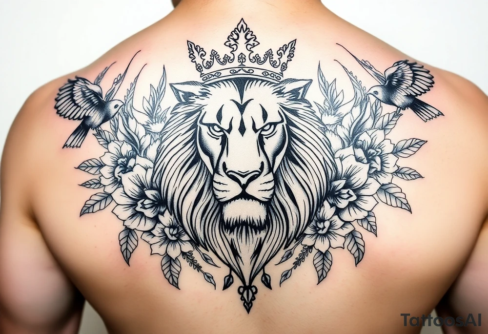 powerful majestic lion with a crown, surrounded by floral ornaments and birds tattoo idea
