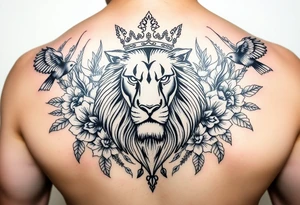 powerful majestic lion with a crown, surrounded by floral ornaments and birds tattoo idea
