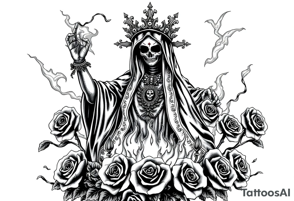 Powerful and evil Santa muerte rising from the flames and ashes of hell, surrounded by unclaimed souls and roses tattoo idea