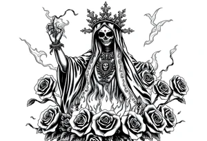 Powerful and evil Santa muerte rising from the flames and ashes of hell, surrounded by unclaimed souls and roses tattoo idea