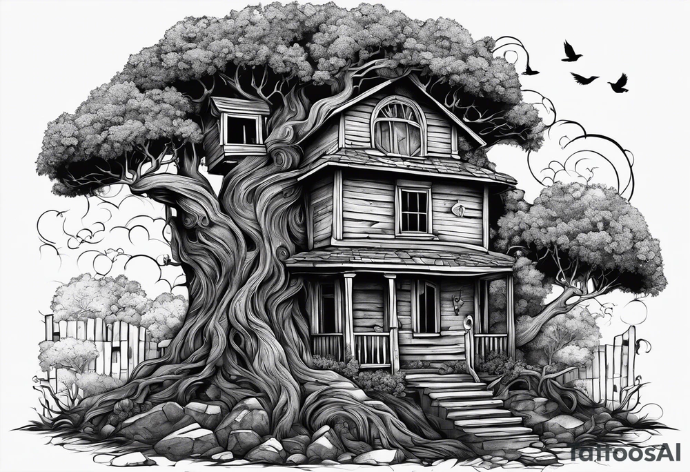 the tree of life growing out of a broken house with baby jesus at its doorsteps tattoo idea