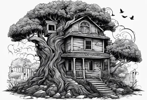 the tree of life growing out of a broken house with baby jesus at its doorsteps tattoo idea