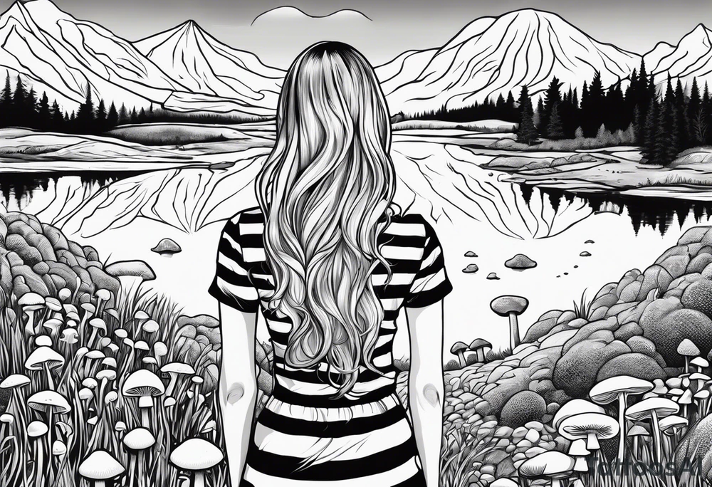 Straight long blonde hair hippie girl in distance holding mushrooms in hand facing away toward mountains and creek surrounded by mushrooms black and white striped dress tattoo idea