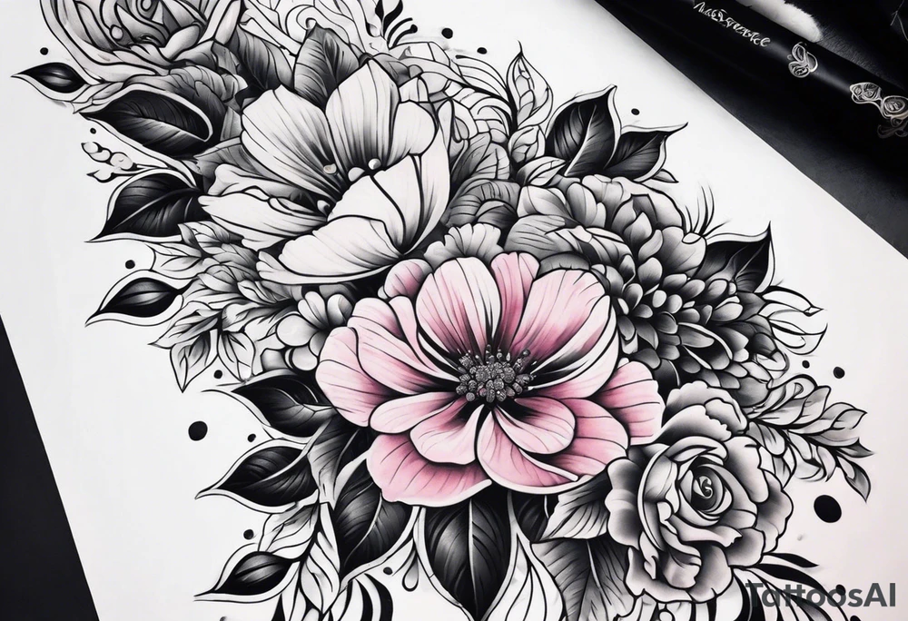 Floral leg piece with beading and lace tattoo idea. monochromatic pinks, old school flowers tattoo idea