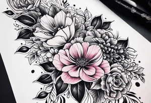 Floral leg piece with beading and lace tattoo idea. monochromatic pinks, old school flowers tattoo idea