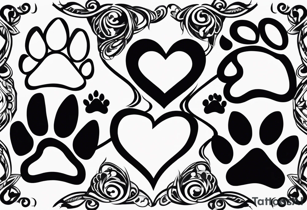 four dog paws with dark background connecting them, individual and disconnected tribal heart above tattoo idea four dog paws with dark background connecting them, individual and disconnected tribal heart above tattoo idea