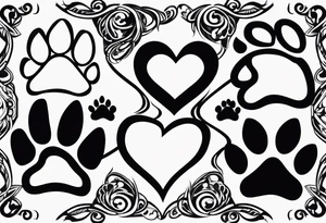 four dog paws with dark background connecting them, individual and disconnected tribal heart above tattoo idea