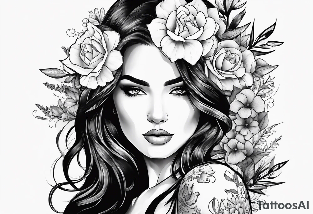 Powerful women’s face with flowers around tattoo idea Powerful women’s face with flowers around tattoo idea