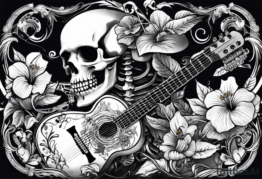 Generate a tattoo design featuring two skeletons: a female skeleton holding a hibiscus flower and a male skeleton playing a guitar. The scene should capture a moment of connection between the two, with the female skeleton attentively listening to the music played by the male skeleton. Emphasize the details of the hibiscus flower, the expressions on the skeletons' faces, and the fluidity of the music being played on the guitar. tattoo idea